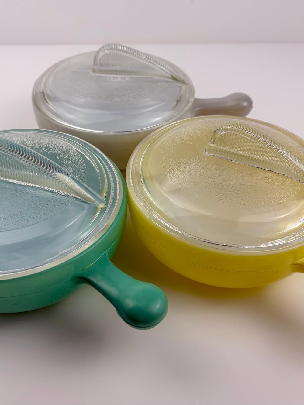 Lot of 3 Glasbake 5 in Small Casseroles W/Lids Vintage Green Yellow Gray MCM